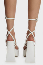 Ankle Strap Square Toe Pyramid Block Heel Platform High Heels - White