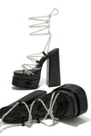 Diamante Lace Up Square Toe Block Heel Double Platform High Heels - Black