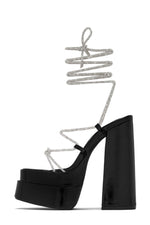 Diamante Lace Up Square Toe Block Heel Double Platform High Heels - Black