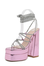 Diamante Lace Up Square Toe Block Heel Double Platform High Heels - Hot Pink