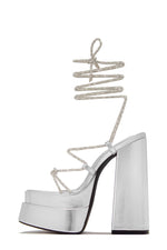 Diamante Lace Up Square Toe Block Heel Double Platform High Heels - Silver
