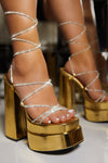 Diamante Lace Up Square Toe Block Heel Double Platform High Heels - Gold
