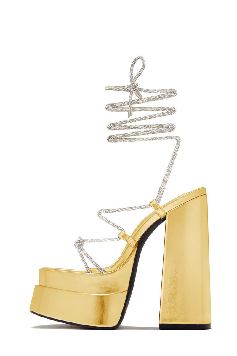Diamante Lace Up Square Toe Block Heel Double Platform High Heels - Gold