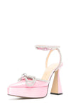 Satin Diamante Bow Pointed Toe Platform Flared Block Heel - Pink