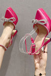 Satin Diamante Bow Pointed Toe Platform Flared Block Heel - Hot Pink
