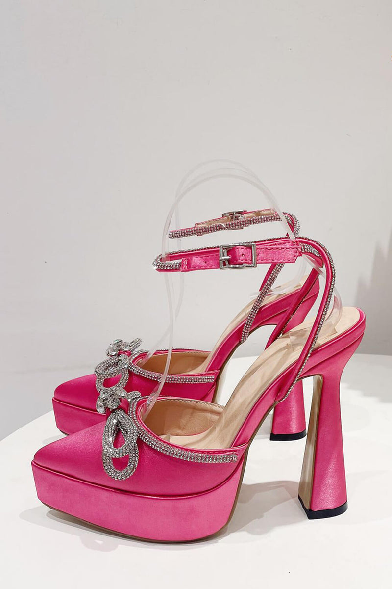 Satin Diamante Bow Pointed Toe Platform Flared Block Heel - Hot Pink
