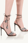 Rhinestones Flower Embellished Almond Toe High Heeled Sandals - Black