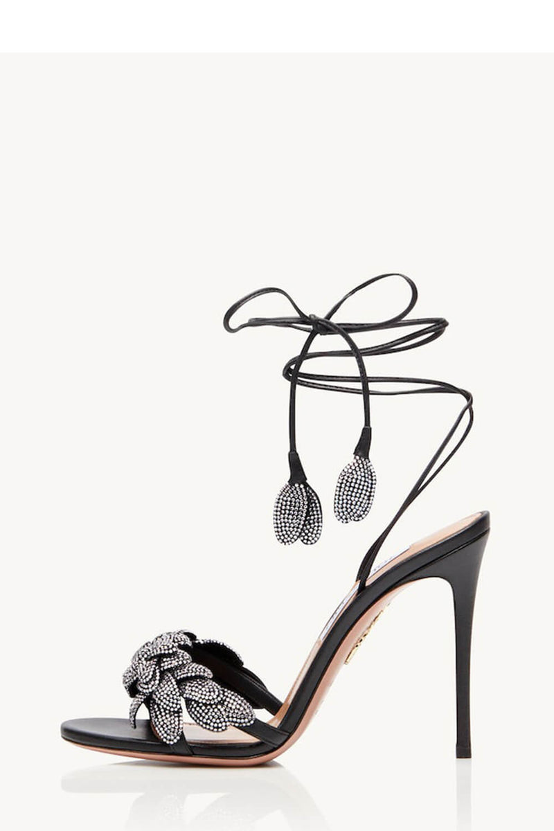 Rhinestones Flower Embellished Almond Toe High Heeled Sandals - Black