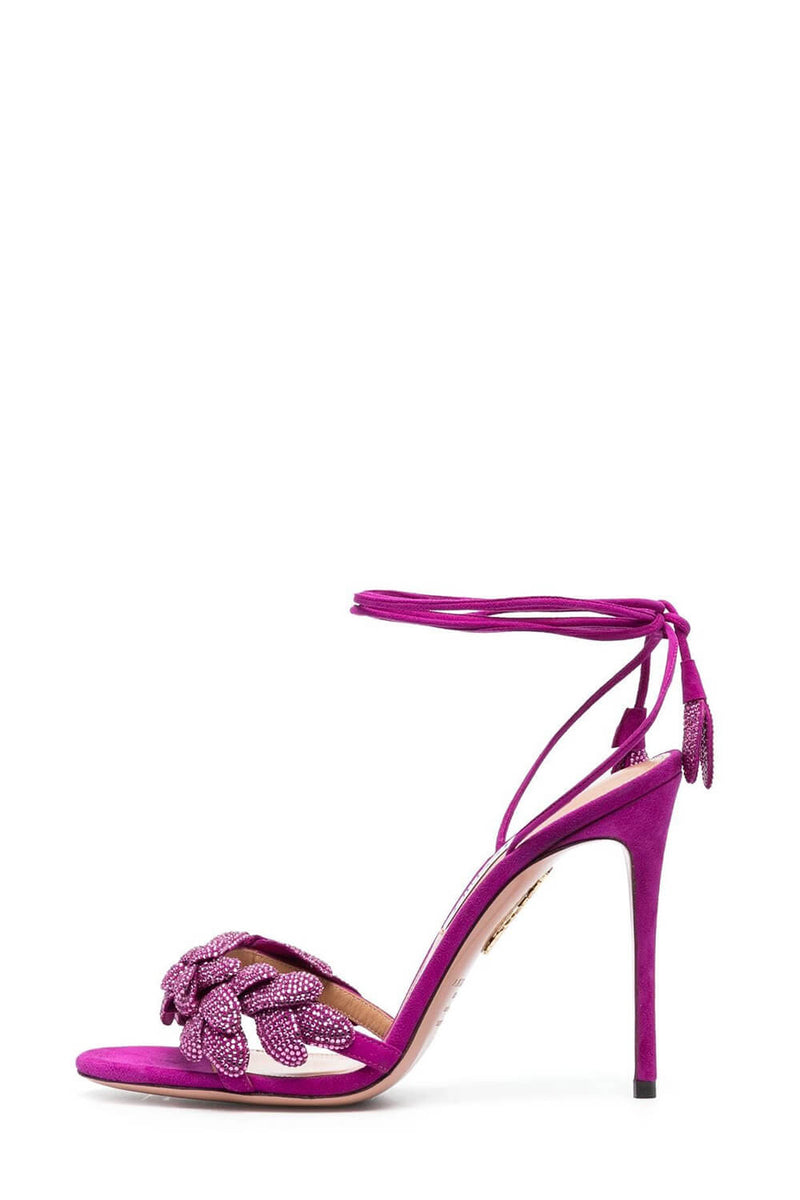 Rhinestones Flower Embellished Almond Toe High Heeled Sandals - Hot Pink