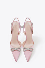Satin Rhinestone Bow Sling Back Pointed Toe Stiletto High Heel Pumps - Pink