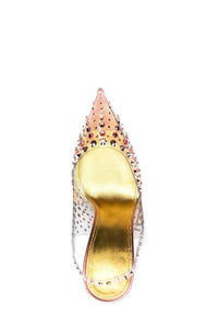 Crystal Embellished Clear Perspex Pointed Toe Stiletto Heeled Slingback Pumps - Yellow