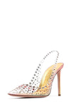 Crystal Embellished Clear Perspex Pointed Toe Stiletto Heeled Slingback Pumps - Yellow