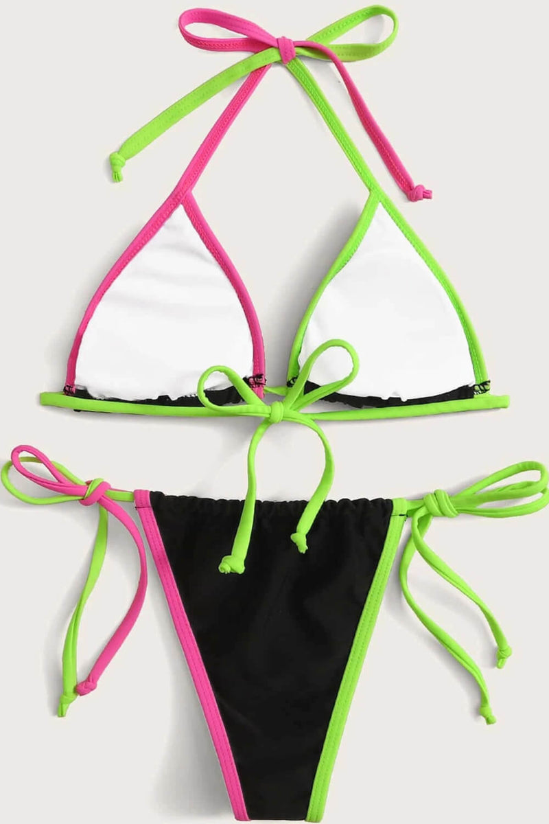 Colorblock Triangle Halter Tie Side Bikini Set
