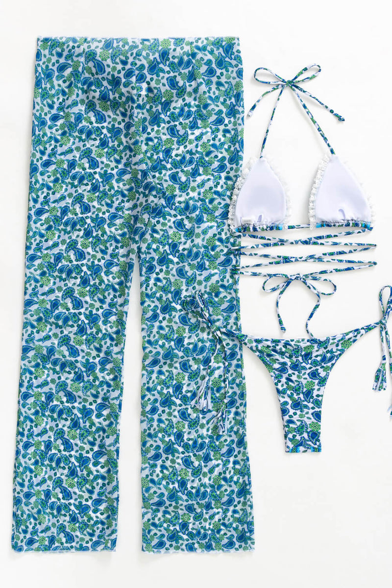 Paisley Print Triangle Wrap Tie Bikini Set With Frill Detailing