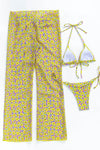 Yellow Flowers Print Triangle Ring Detailing Tie Side Bikini Set