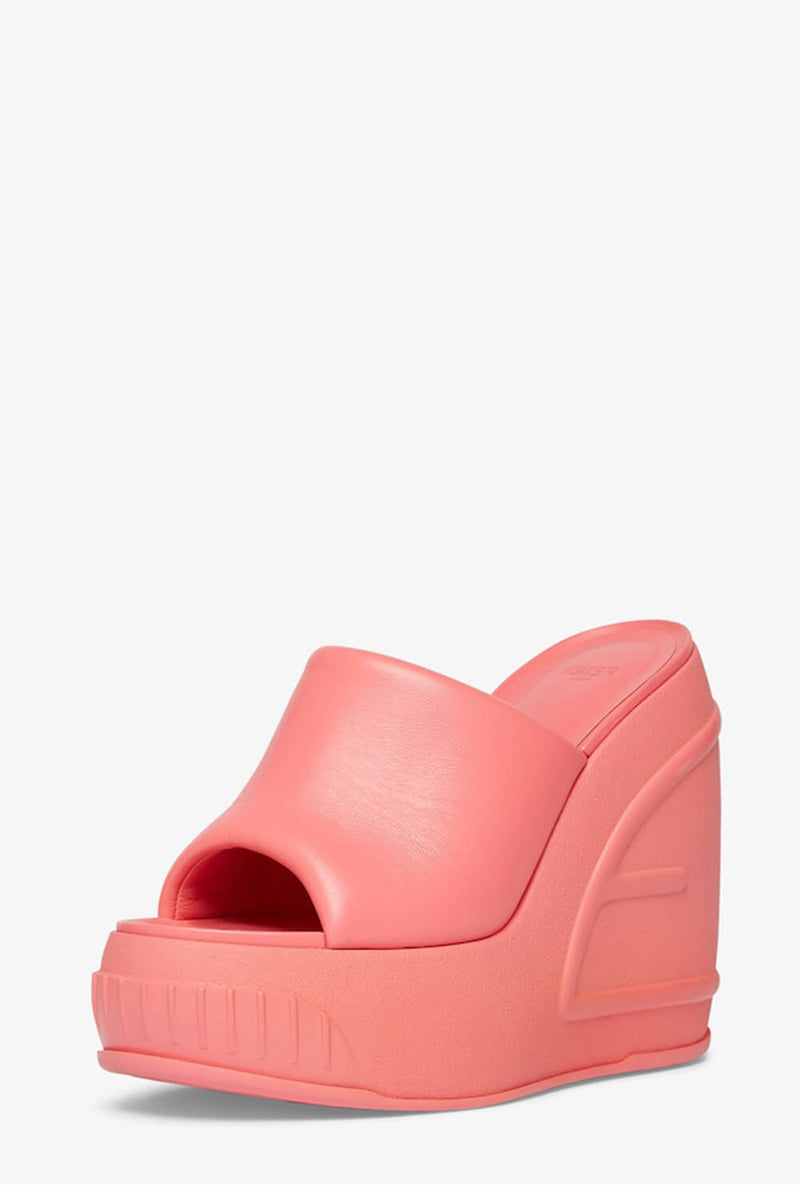 Padded Faux Leather Open Toe Wedge Heeled Mule Sandals - Pink