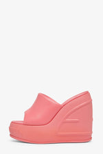 Padded Faux Leather Open Toe Wedge Heeled Mule Sandals - Pink