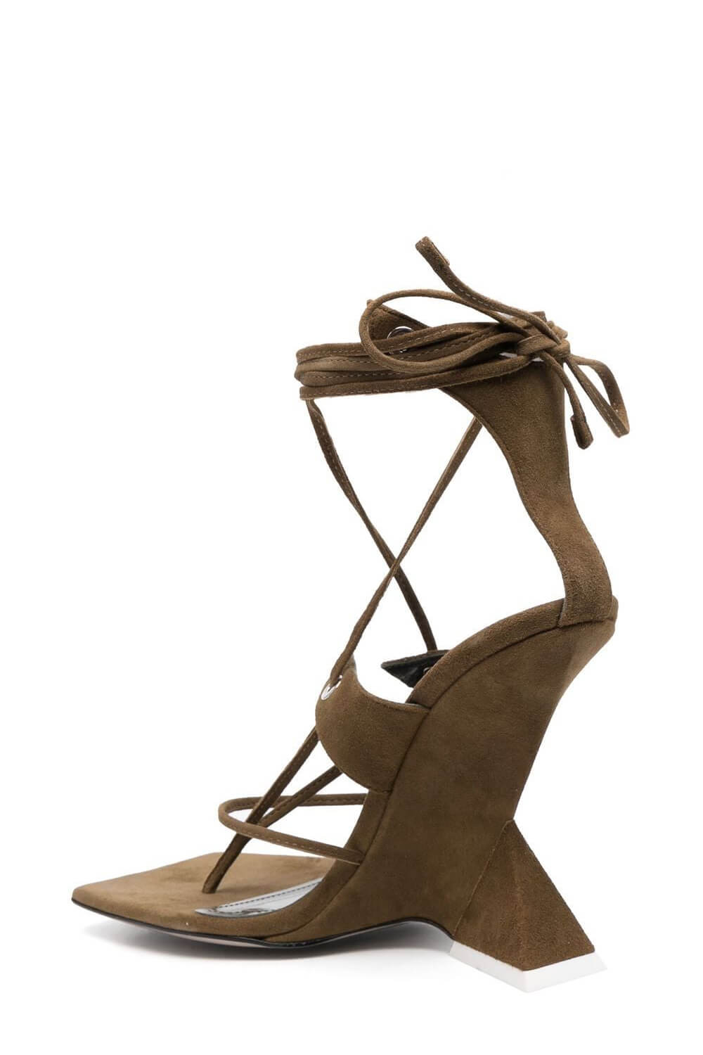 Faux Suede Strap Open Square Toe Lace-Up Pyramid Wedge Thong Sandals - Brown