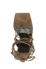 Faux Suede Strap Open Square Toe Lace-Up Pyramid Wedge Thong Sandals - Brown