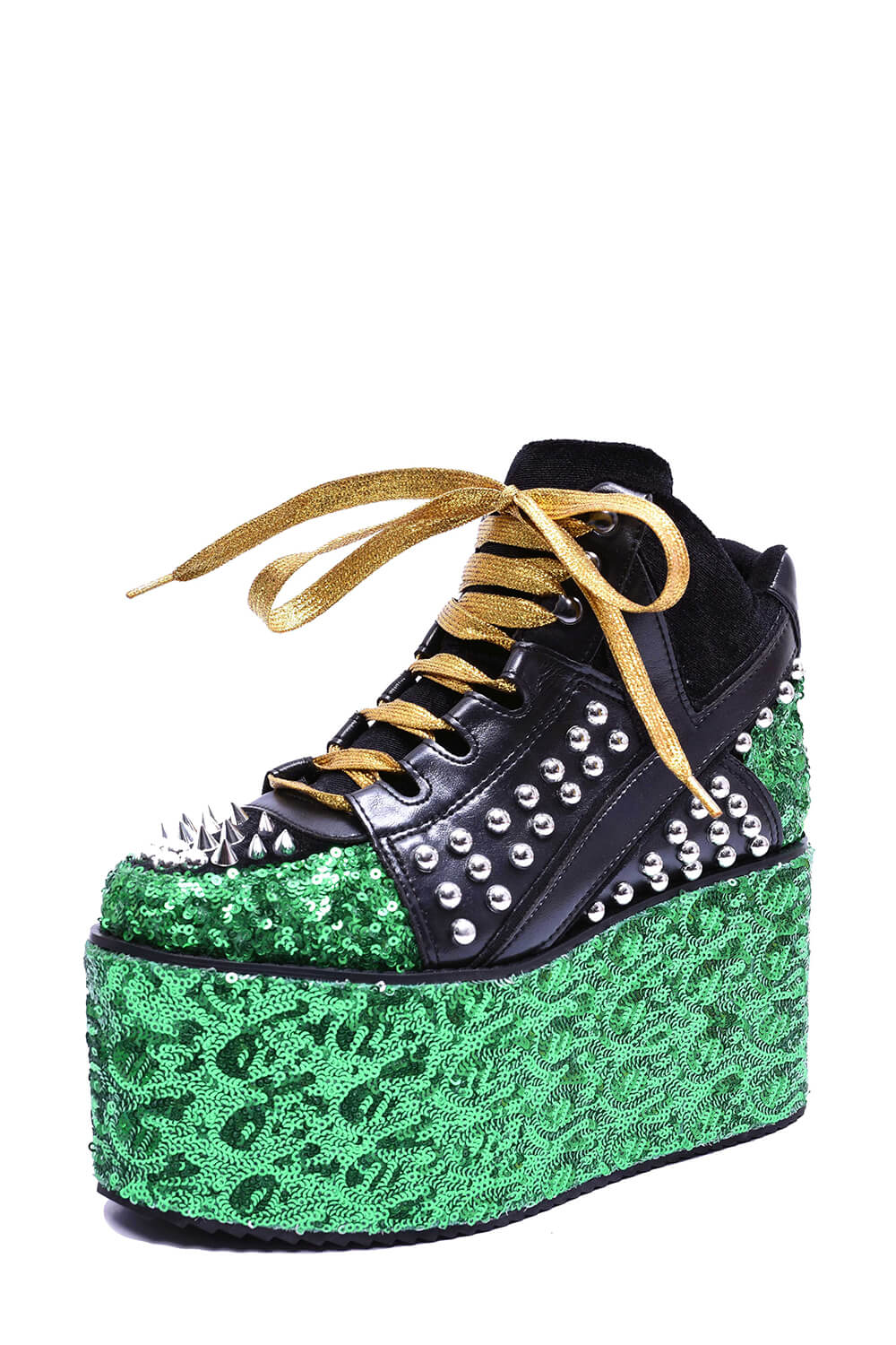 Green Sequined Lace Up Platform Sneakers With Studded Details - Yellow