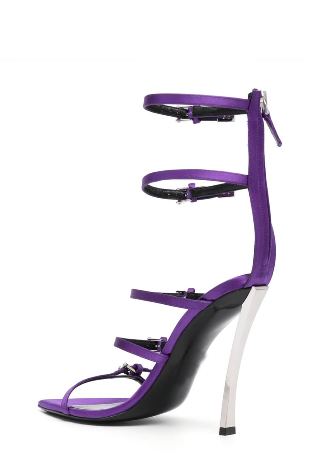Strappy Buckled Satin Pointed Toe Stiletto Heeled Sandals - Purple