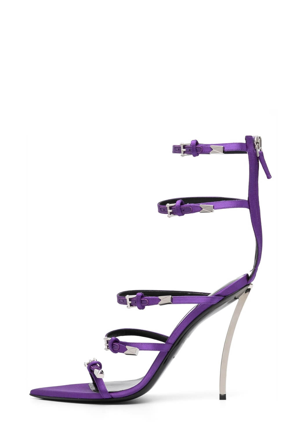 Strappy Buckled Satin Pointed Toe Stiletto Heeled Sandals - Purple