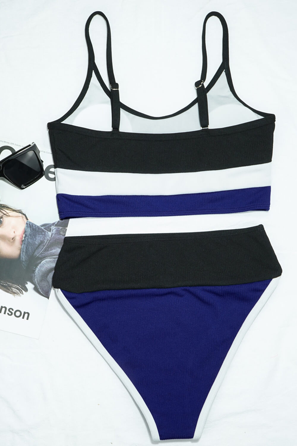 Colorblock Rib Sporty High-Waist Bikini Set - Black&White&Blue