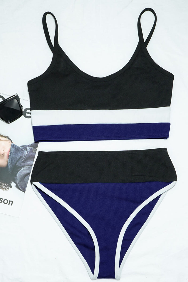 Colorblock Rib Sporty High-Waist Bikini Set - Black&White&Blue
