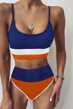 Colorblock Rib Sporty High-Waist Bikini Set - Blue&White&Orange