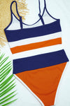 Colorblock Rib Sporty High-Waist Bikini Set - Blue&White&Orange