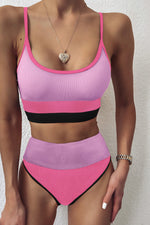 Colorblock Rib Sporty High-Waist Bikini Set - Pink&Lilac&Black