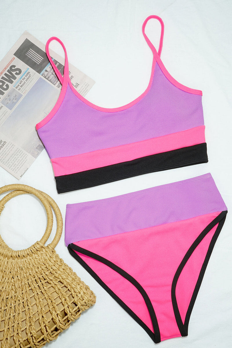 Colorblock Rib Sporty High-Waist Bikini Set - Pink&Lilac&Black
