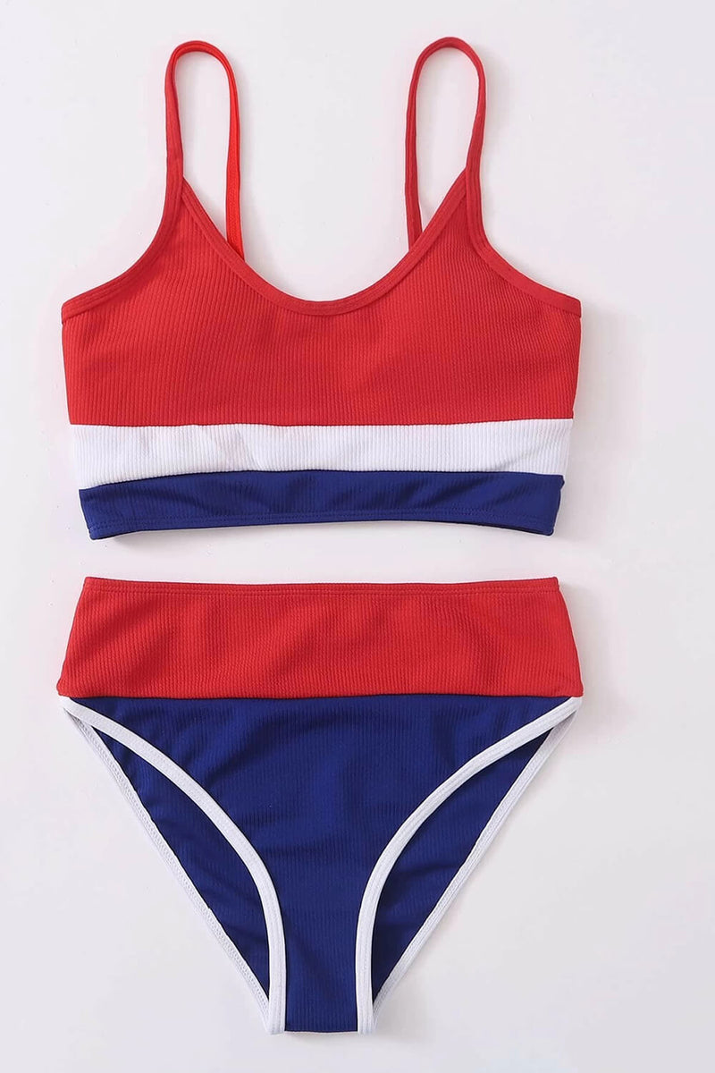 Colorblock Rib Sporty High-Waist Bikini Set - Red & White & Blue
