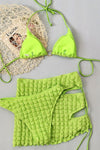 Terry Towel Ring Halter Triangle High-Cut Bikini Set With Lace Up Sarong Mini Skirt
