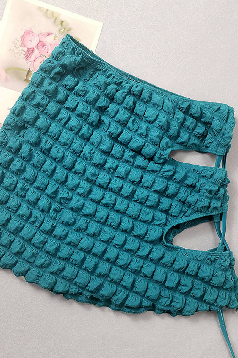 Terry Towel Ring Halter Triangle High-Cut Bikini Set With Lace Up Sarong Mini Skirt