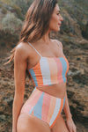 Multicolor Striped Longline Longline High Waisted Bikini Set