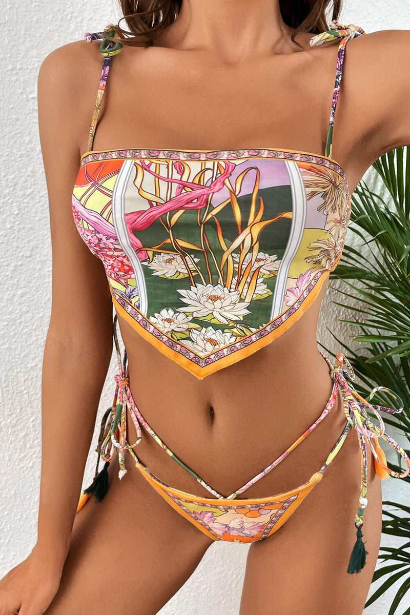 Lotus Daicy Print Bandeau Scarf String Tie Bikini Set