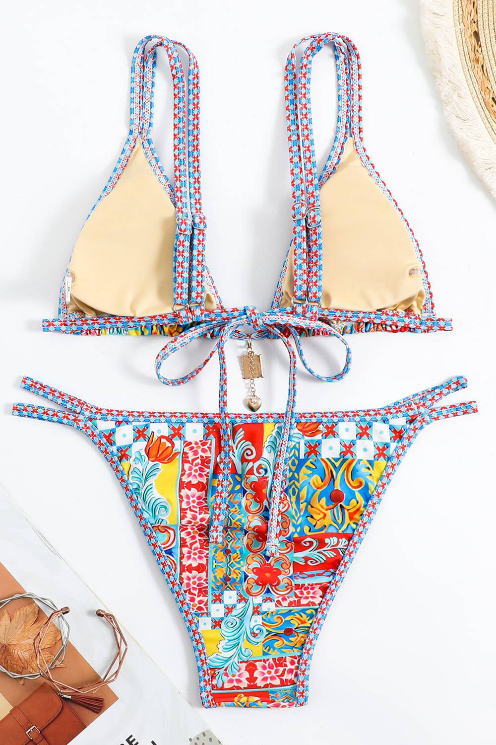 Printed Triangle Tie Back Bikini Set