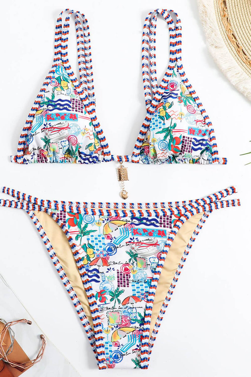 Vacation Printed Triangle Tie Back Bikini Set