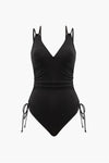 Double Strap Ribbed Ruched Lace-Up Side One-Piece Swimsuit - Black