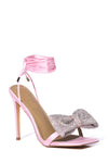 Rhinestone Bow Square Open Toe Stiletto Sandal - Pink