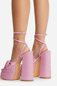 Bow Detail Statement Platform Block Heel - Hot Pink Glitter