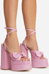 Bow Detail Statement Platform Block Heel - Hot Pink Glitter
