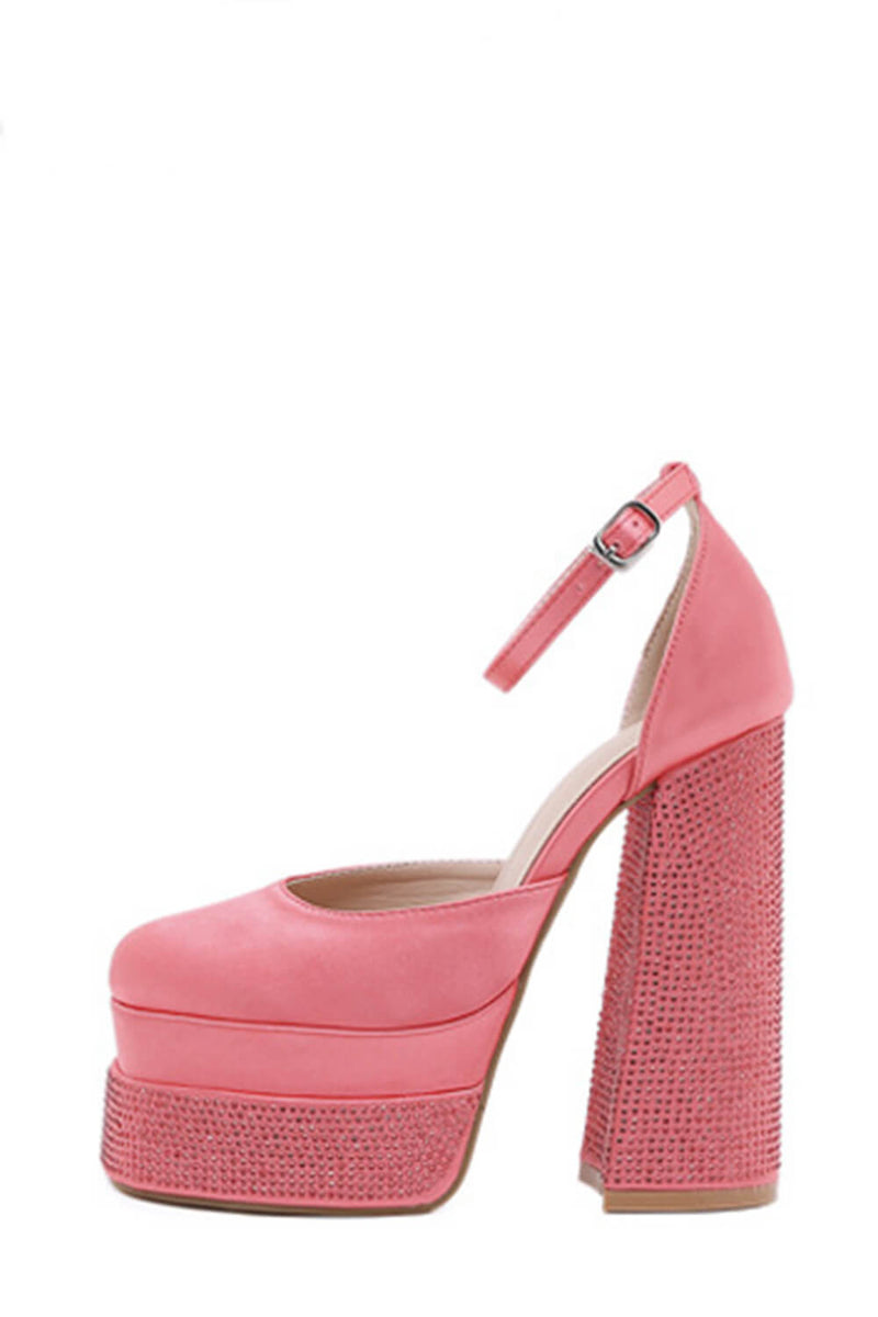 Sparkly Diamante Square Toe Double Platform High Block Heels - Hot Pink