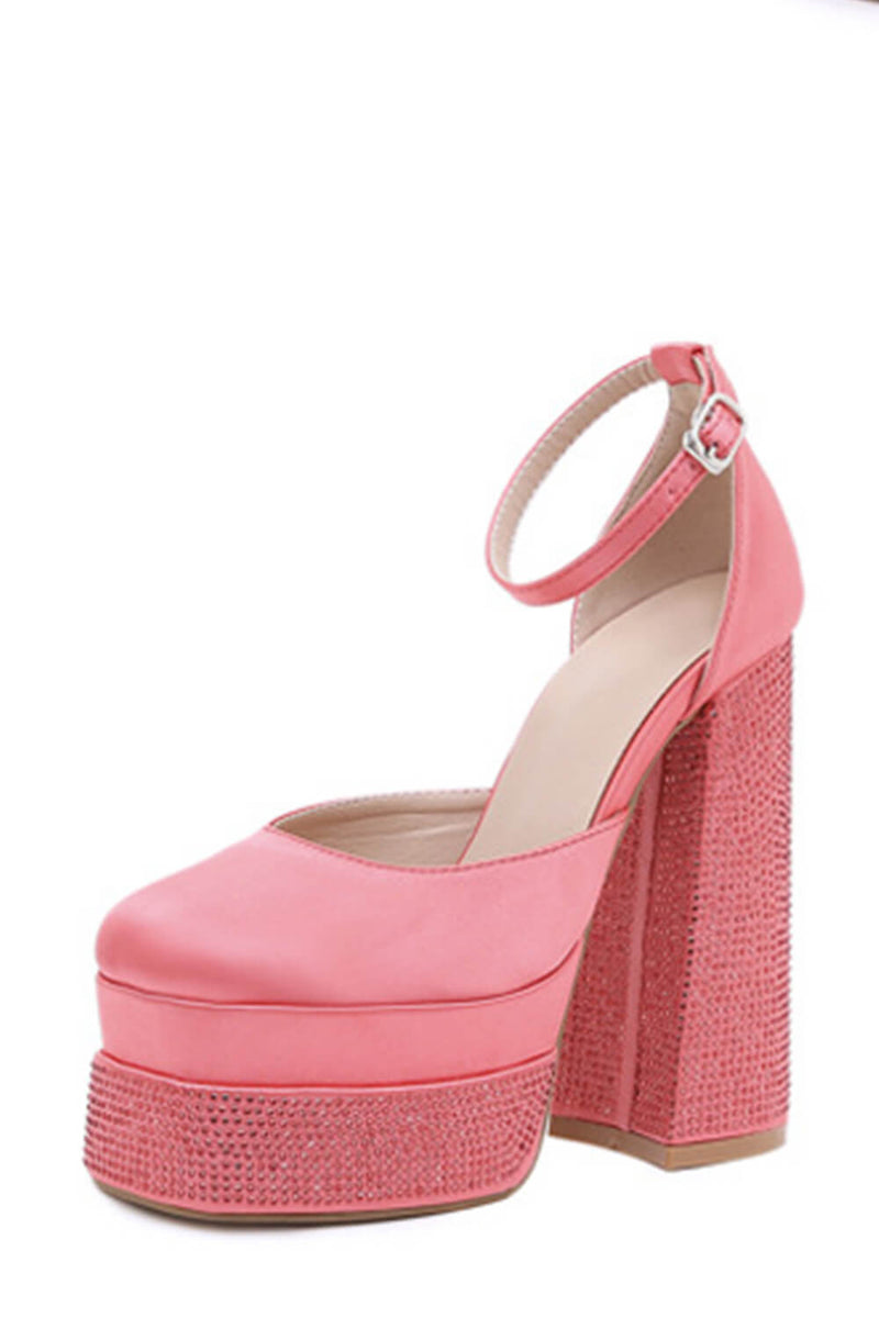 Sparkly Diamante Square Toe Block Heel Double Platform High Block Heels - Hot Pink