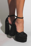 Sparkly Diamante Square Toe Block Heel Double Platform High Block Heels - Black