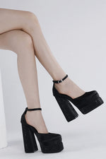 Sparkly Diamante Square Toe Block Heel Double Platform High Block Heels - Black