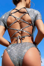 Metallic Silver Short Sleeve Cropped Lace Up High-Waisted Bikini Set