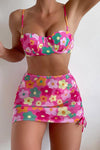 Floral Shell Cupped Underwire Bikini Set With Lace Up Sarong Mini Skirt