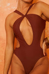 Cross-Front Halter Neck Cut Out High-Cut Brazilian One Piece Swimsuit - Black/Sienna